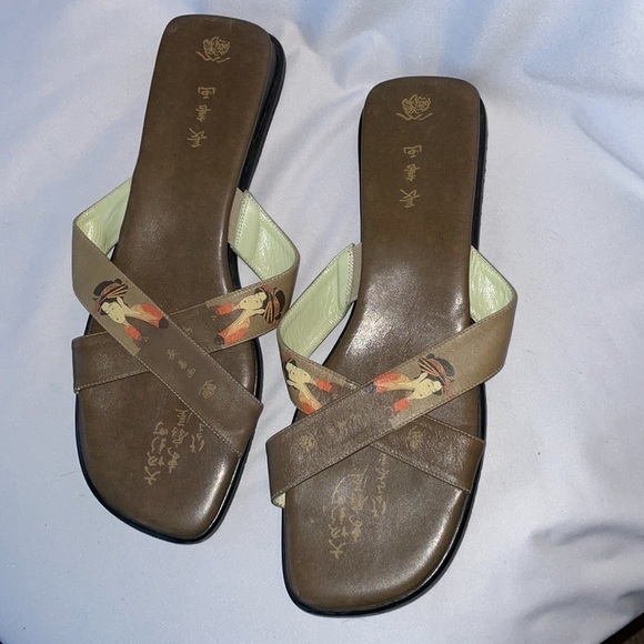 Icon Olive Green Japanese Geisha Leather Slide Sandals size 9.5 - Picture 1 of 15